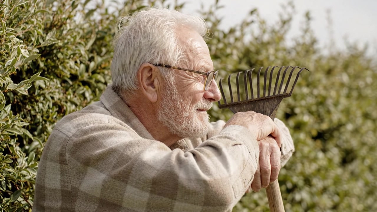 Un uomo anziano si gode un momento di pace riposando su un rastrello tra una lussureggiante vegetazione verde, evidenziando una serena connessione con la natura e il giardinaggio al tramonto.
