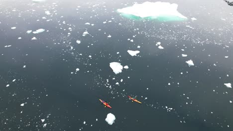 Kayaks-explore-near-icebergs-in-freezing-nordic-ocean,-aerial-view