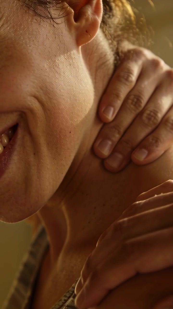 Video verticale: Donna che massaggia la spalla destra dopo la doccia, alleviando la tensione, con la spallina del top.