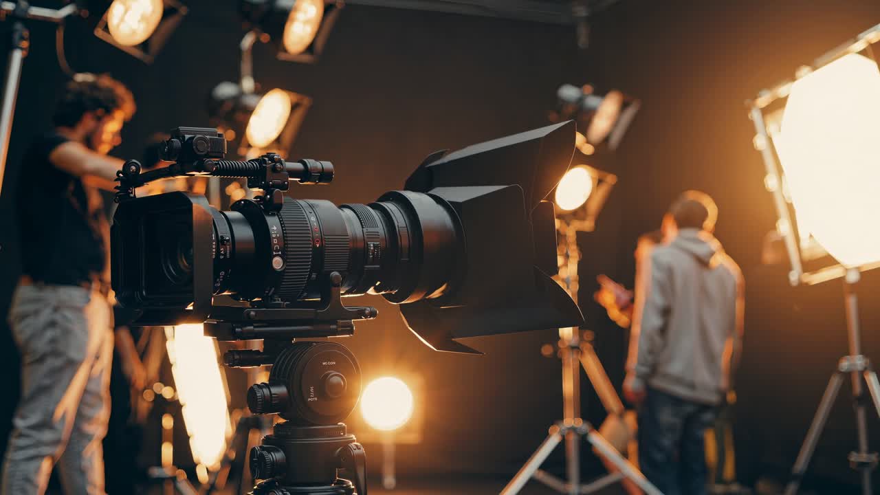 Close-up of a professional video camera on a film set, capturing a behind-the-scenes look with warm