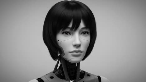a close-up study of a futuristic humanoid robot, showcasing advanced technology, realistic features, and an intriguing expression in a minimalist setting