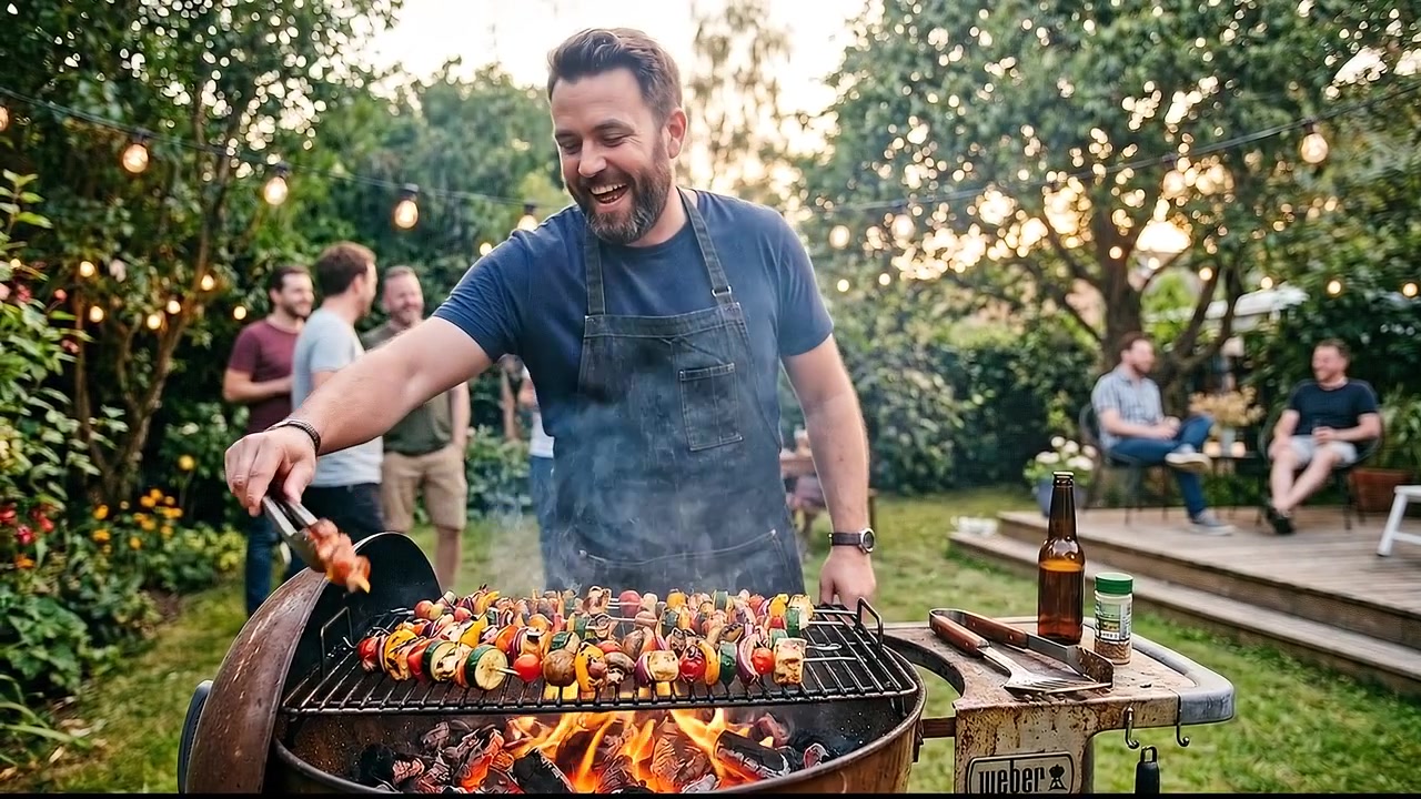Chef sorridente che griglia spiedini shish su barbecue a carbone a una festa in giardino all'aperto