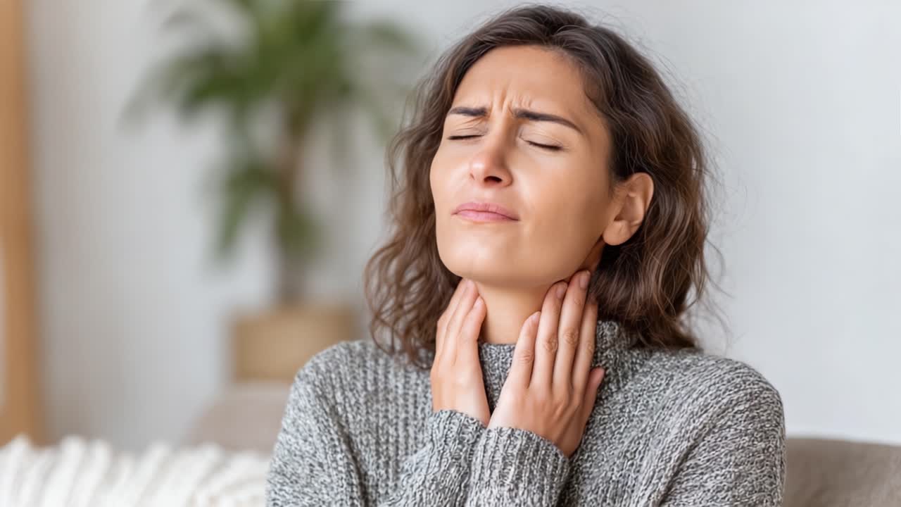 Una giovane donna che prova disagio alla gola, mostrando segni di dolore e sofferenza, suggerendo un possibile mal di gola o un problema di salute correlato in un ambiente interno accogliente