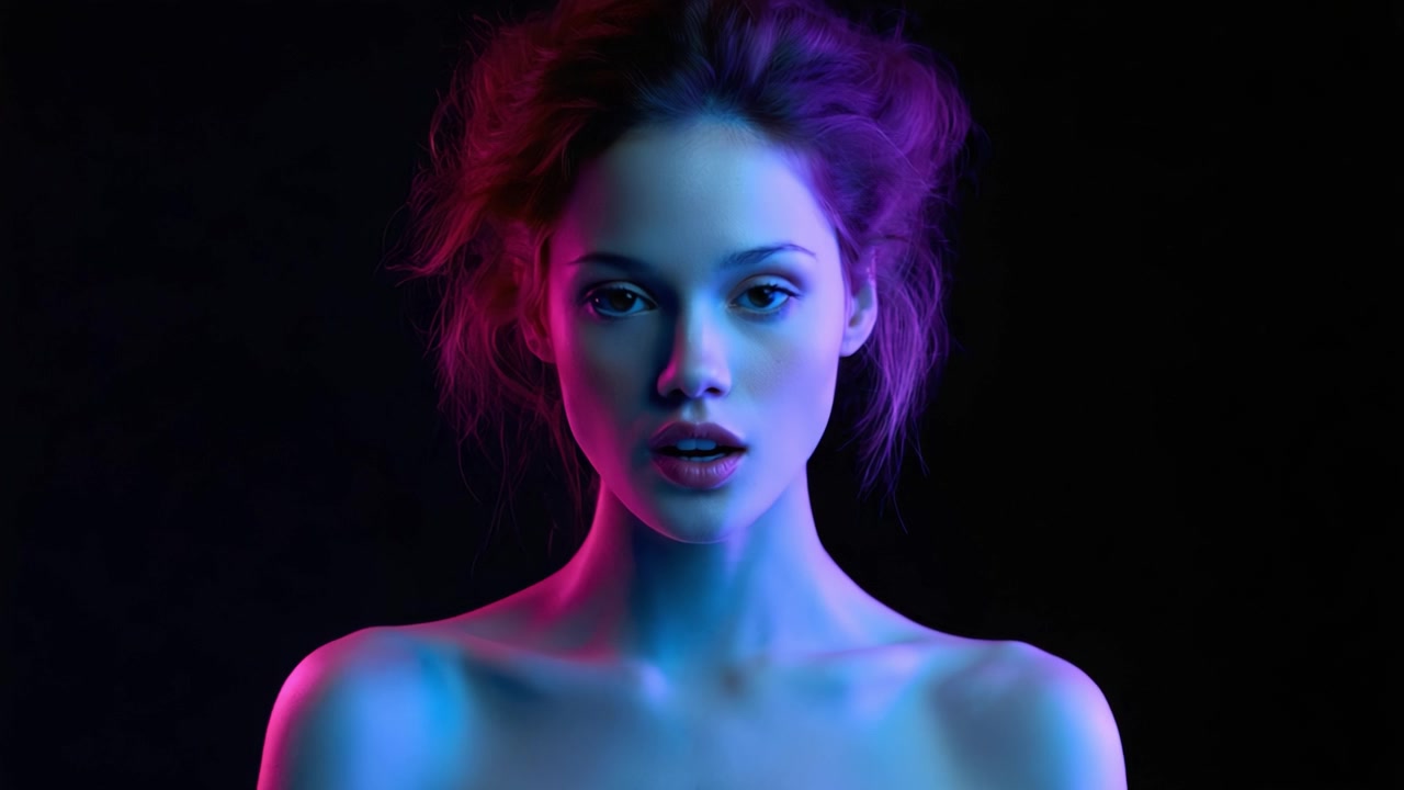Un ritratto accattivante di una giovane donna immersa in colori invertiti e illuminazione soffusa, che ne esalta la bellezza naturale e i tratti espressivi su uno sfondo scuro.