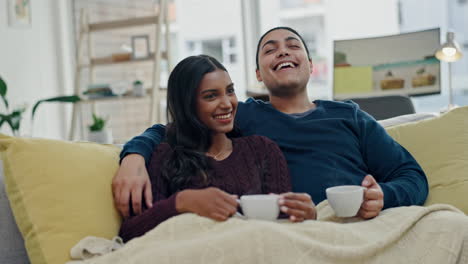 Smile,-coffee-and-couple-watching-a-movie