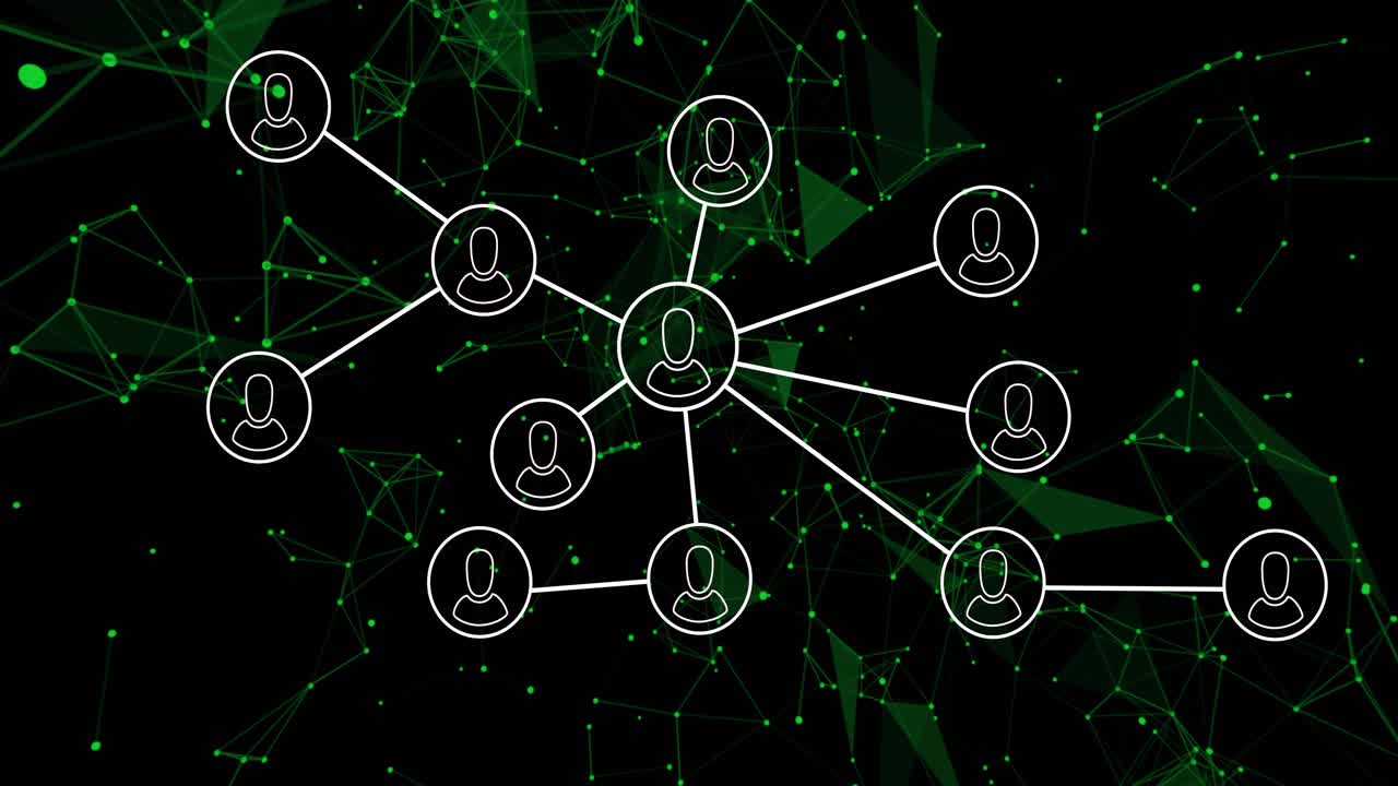 Animation of network of connections with icons over green glowing mesh