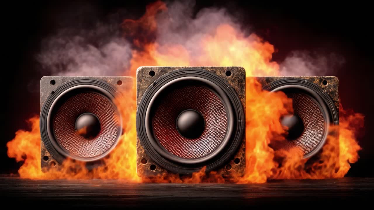 Dynamic and Electrifying Frame of Flames Surrounding Powerful Audio Speakers, Capturing the Intensity of Sound and Visual Impact for Enthusiasts and Creators Alike