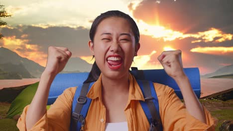 excited woman hiking