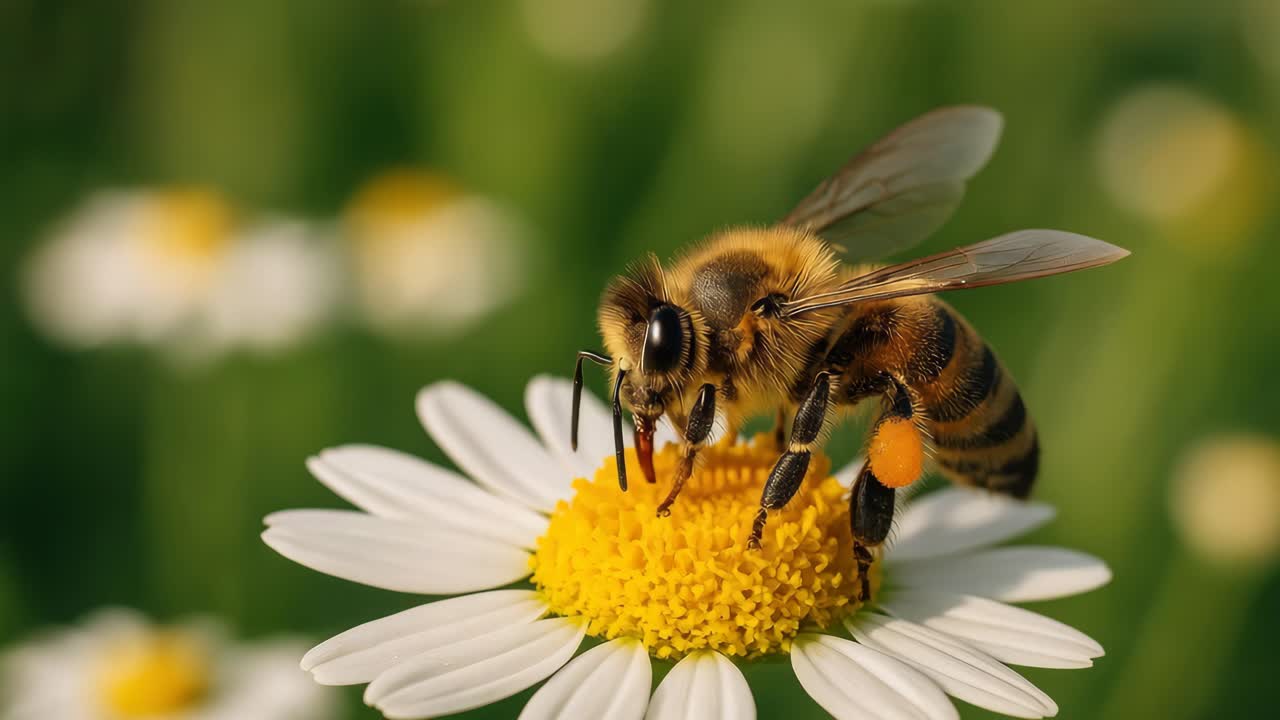 Close-up video angle of a bee on a daisy, capturing intricate details and vibrant colors
