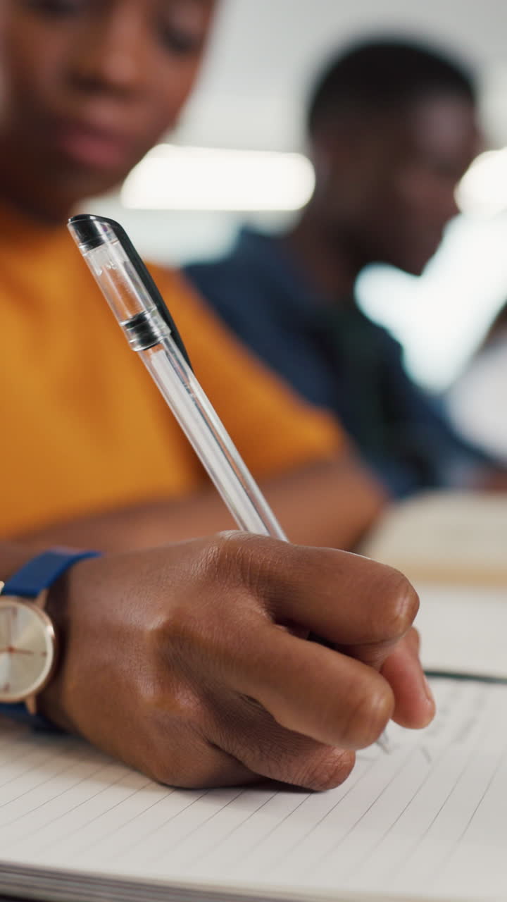 Nærbillede af en students hånd, der skriver noter i en notesbog.