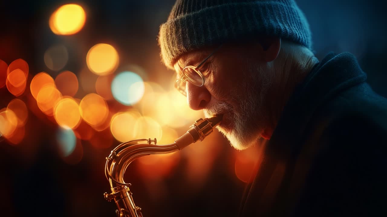 Un musicista appassionato suona con trasporto un sassofono, illuminato da luci bokeh calde, creando un'atmosfera incantevole ricca di emozione e melodia durante un'esibizione notturna