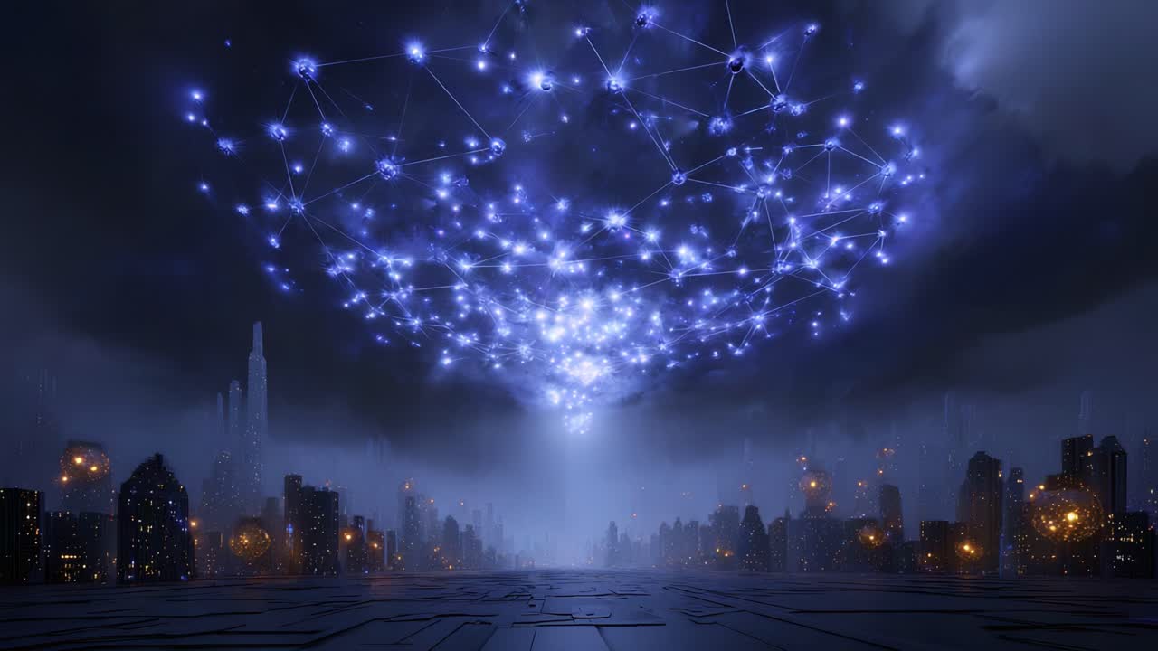 Un'affascinante rappresentazione di luci interconnesse in un paesaggio urbano futuristico sotto un cielo plumbeo, che crea un'atmosfera accattivante di tecnologia e innovazione