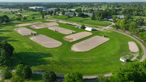 aerial view of kentucky horse park's sandy equestrian training rings amidst vibrant green fields