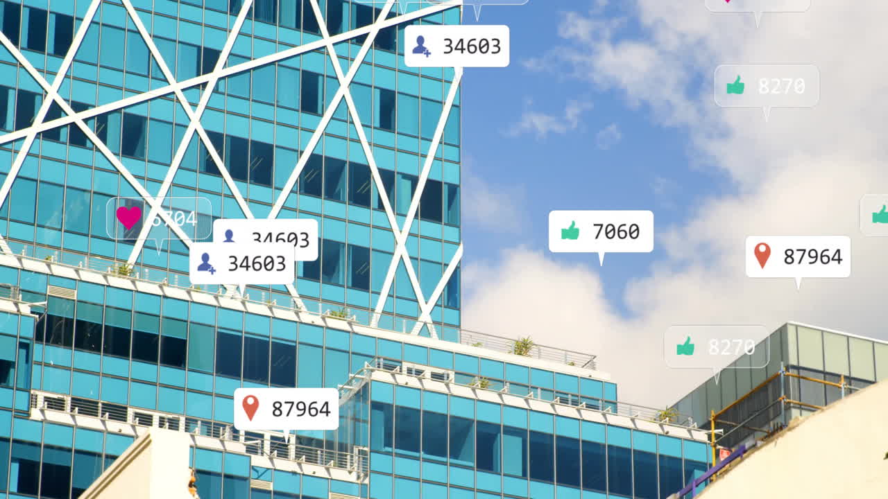 Social media engagement animation over modern glass building with location and like icons