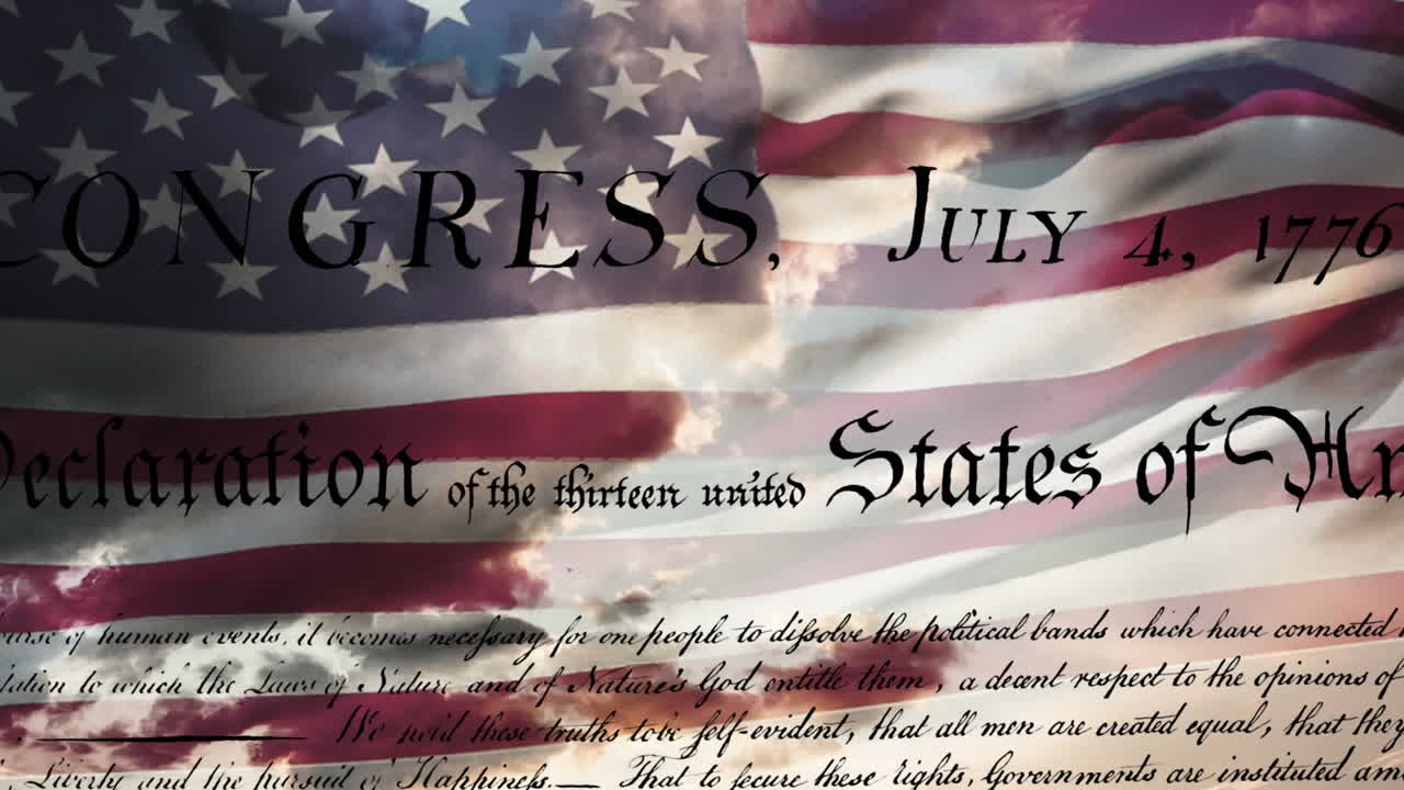 Written declaration of independence of the United States with a flag