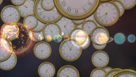 animation of solar system, planets and space over clocks ticking