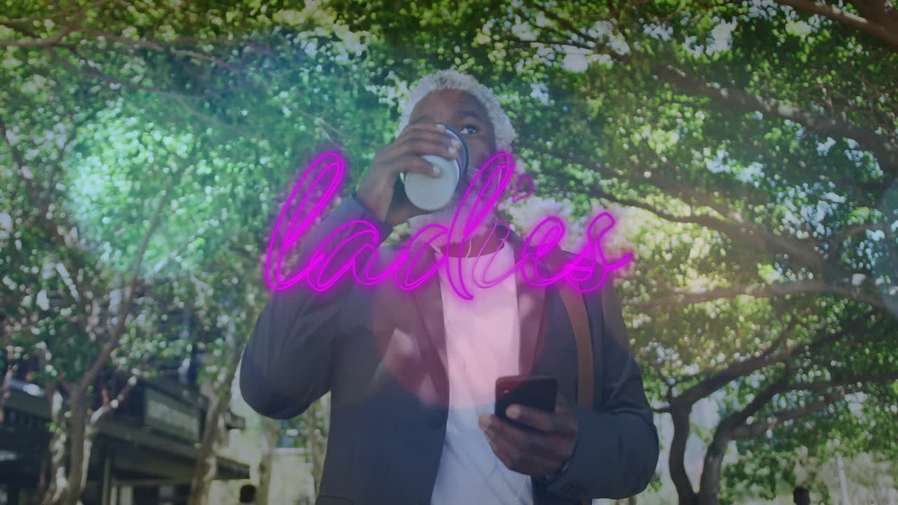 Man drinking coffee holding smartphone in shade featuring neon pink ‘ladies' overlay for marketing
