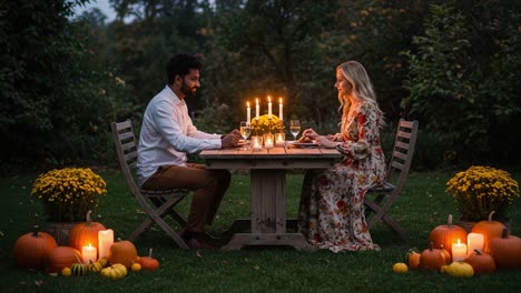 couple enjoying a romantic autumn outdoor dinner
