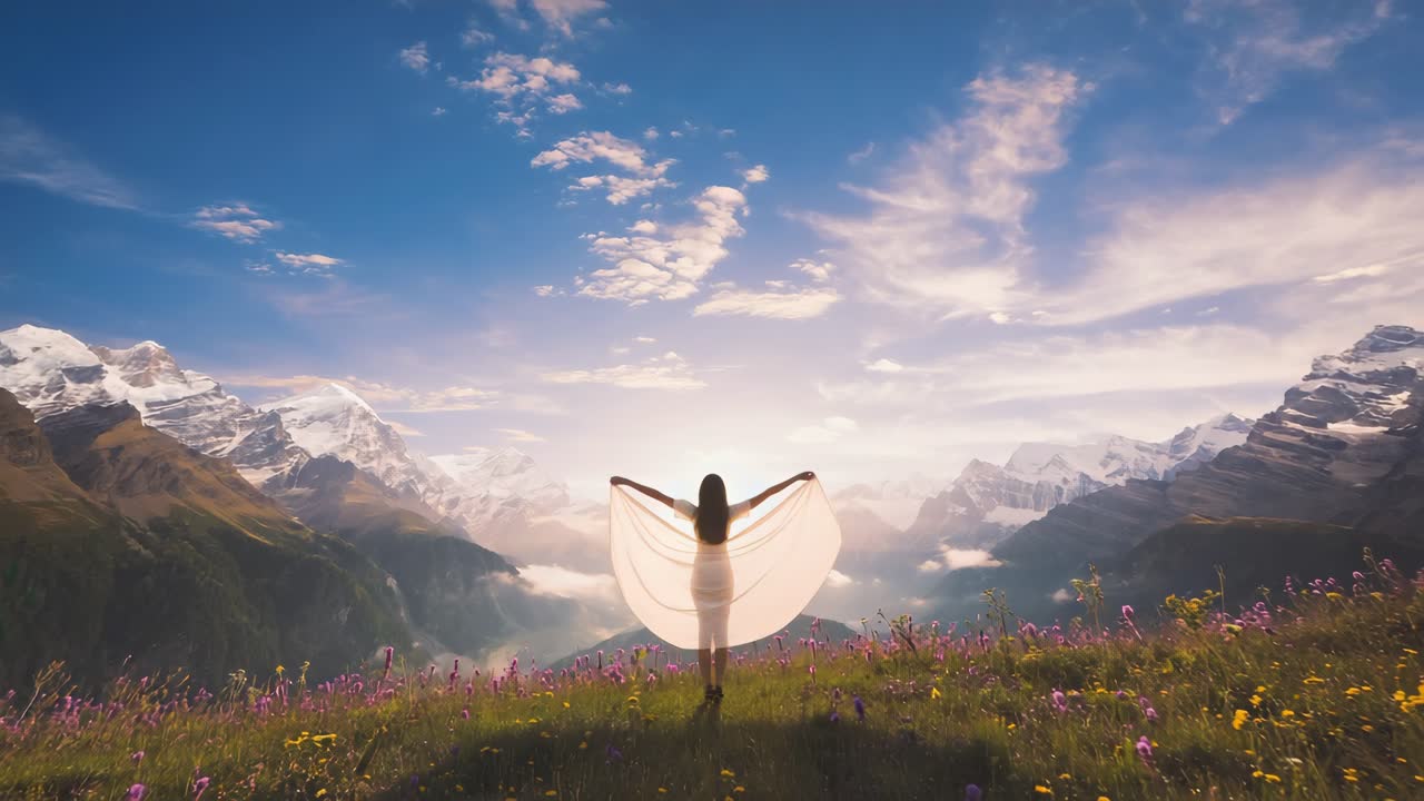 Woman wearing a white dress is standing on a green hill with wildflowers, opening her arms while holding a piece of white fabric, enjoying the sunrise over a stunning mountain range
