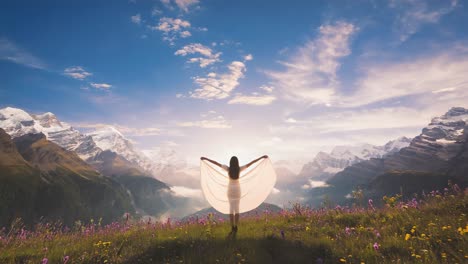 woman wearing a white dress is standing on a green hill with wildflowers, opening her arms while holding a piece of white fabric, enjoying the sunrise over a stunning mountain range