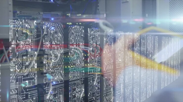 Animation of man holding calculator with computer processors
