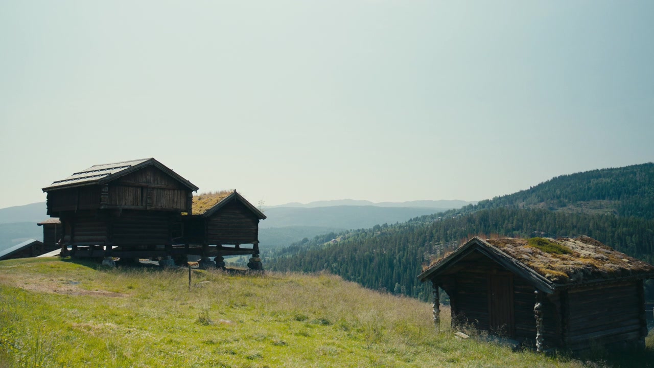Tradisjonelle norske stabbur med gresstak med utsikt over skogkledde åser i Telemark, som viser nordisk kulturarv, landlig arkitektur og historie