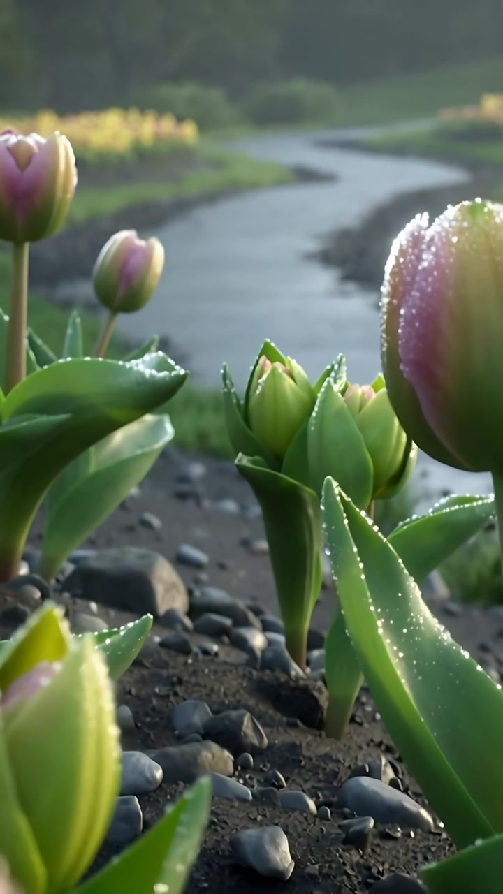 Video verticale: La telecamera panoramica rivela un tulipano rosa rugiadoso e i suoi boccioli vicino a un ruscello, catturando la luce del mattino.