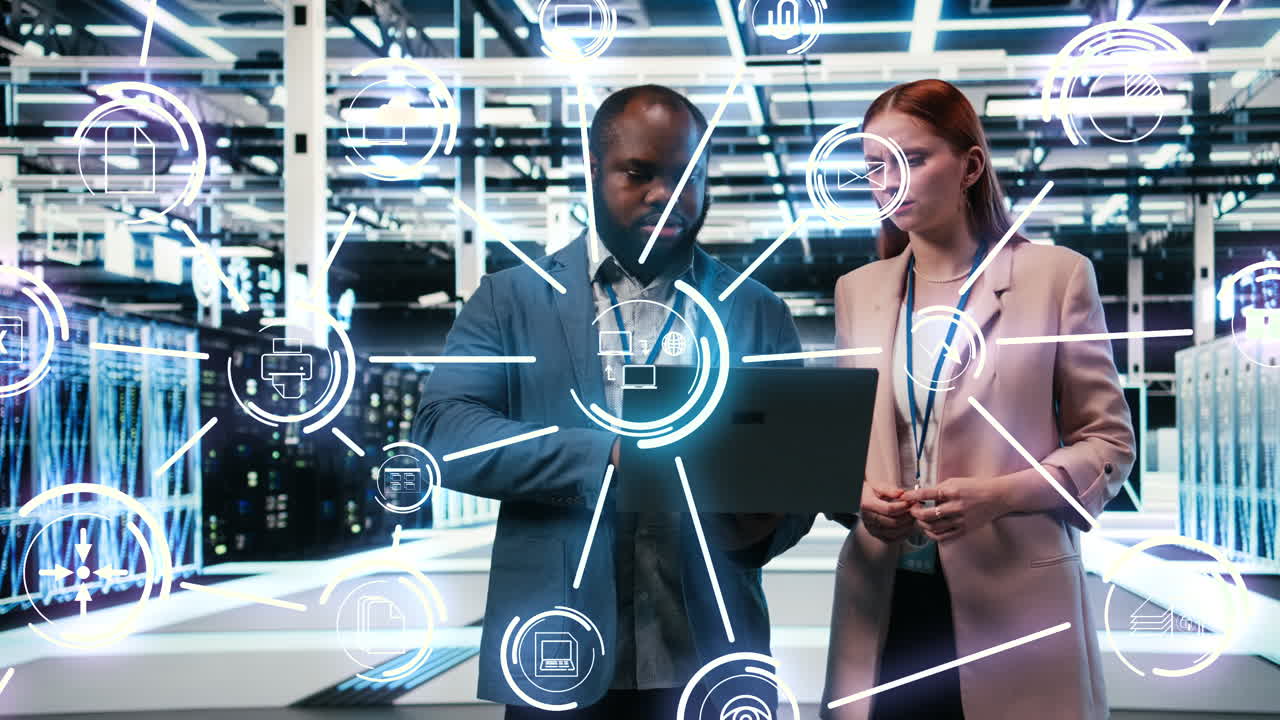Man with coworker in server farm monitoring infrastructure, HUD overlay