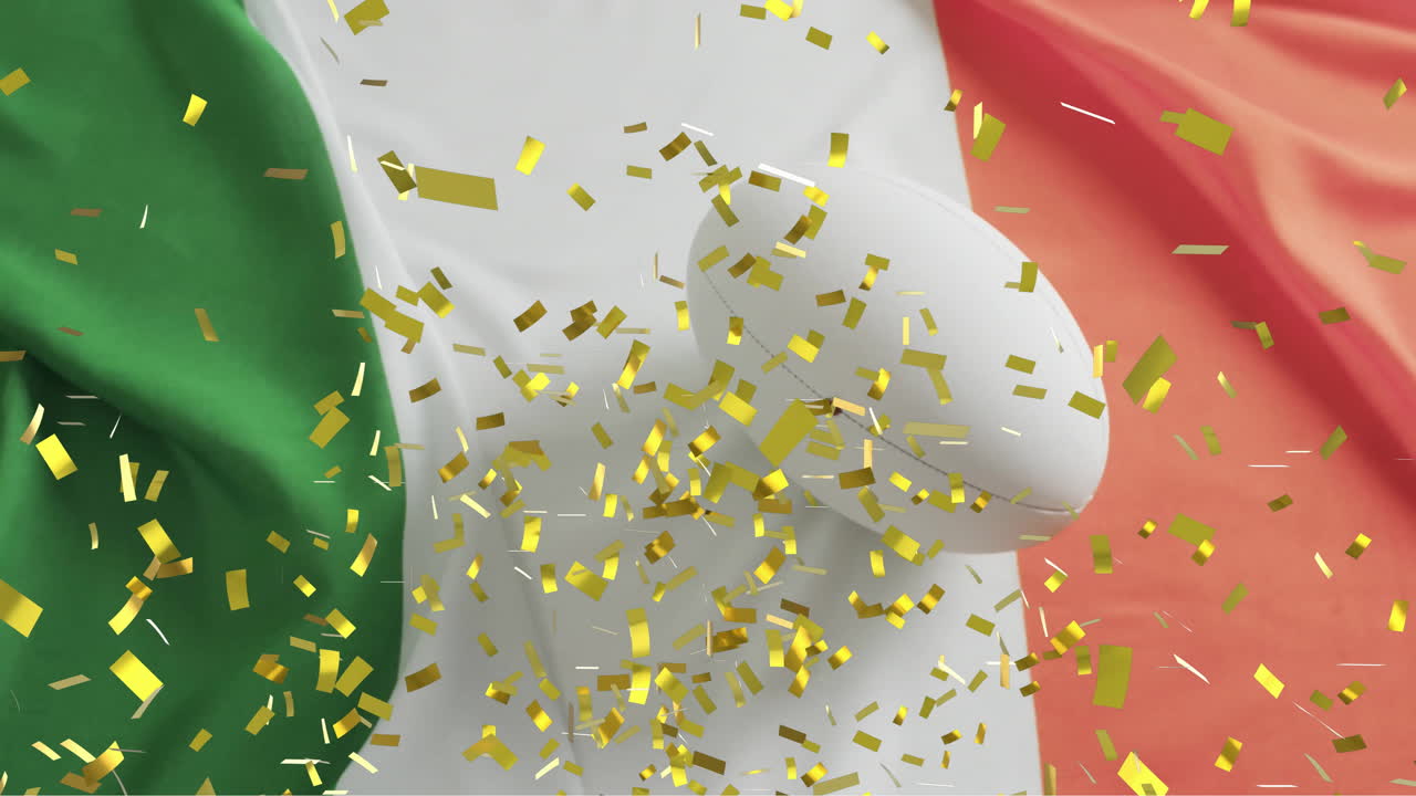 Animazione di coriandoli su palla da rugby bianca e bandiera italiana