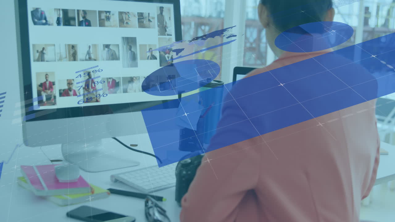 Animation of infographic interface over asian female photographer transferring photos to desktop