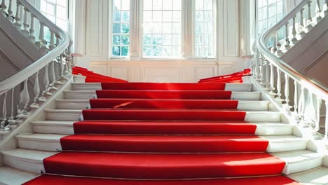 a red carpeted staircase in a white room with a red carpet