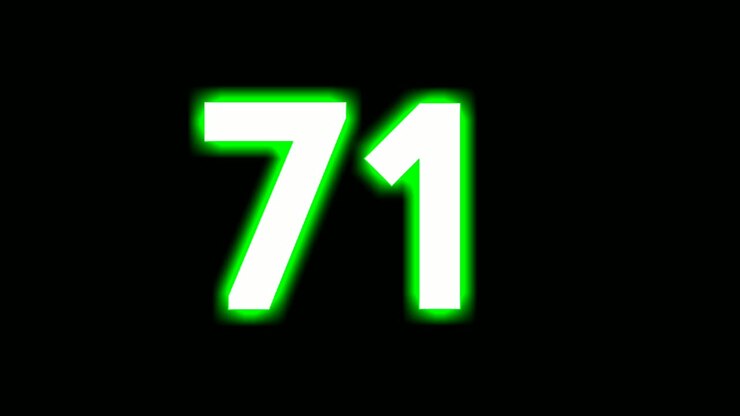 Neon number 71 seventy one sign symbol modern animation motion graphics flicking on black background,green color glowing and shining for video elements