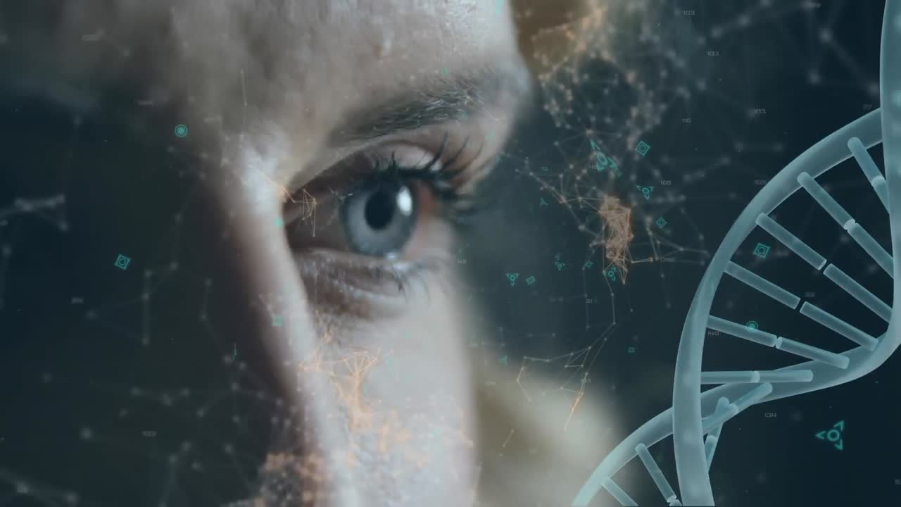 ojos de una mujer y adn doble hélice con líneas asimétricas y símbolos futuristas