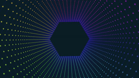 Spinning-abstract-rainbow-hexagons-in-dark-hole-with-neon-dots-on-black-gradient