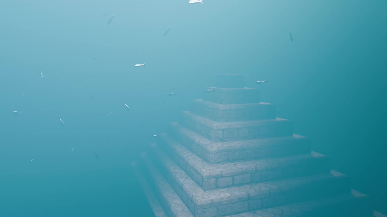 Realistic 3D animation of a school of fish swimming near a mysterious submerged pyramid in murky deep waters — perfect for documentaries, fantasy projects, or atmospheric backgrounds