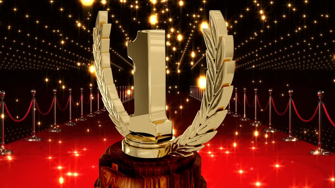 Animation of first place award trophy at floodlit winners' red carpet prize giving ceremony
