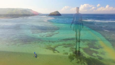 Animation-of-landscape-with-ocean-over-caucasian-woman-walking-at-beach