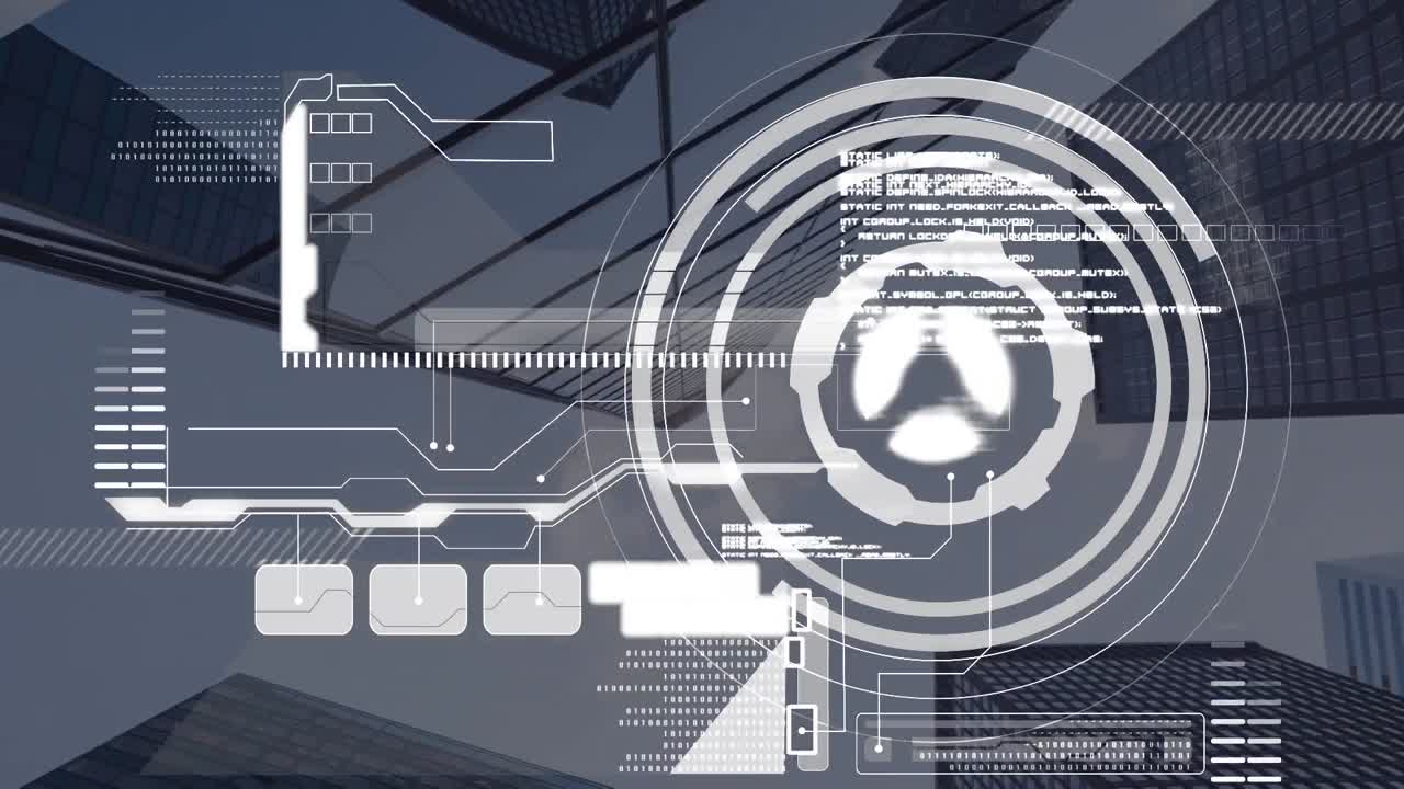 Animation of scope scanning and data processing over cityscape