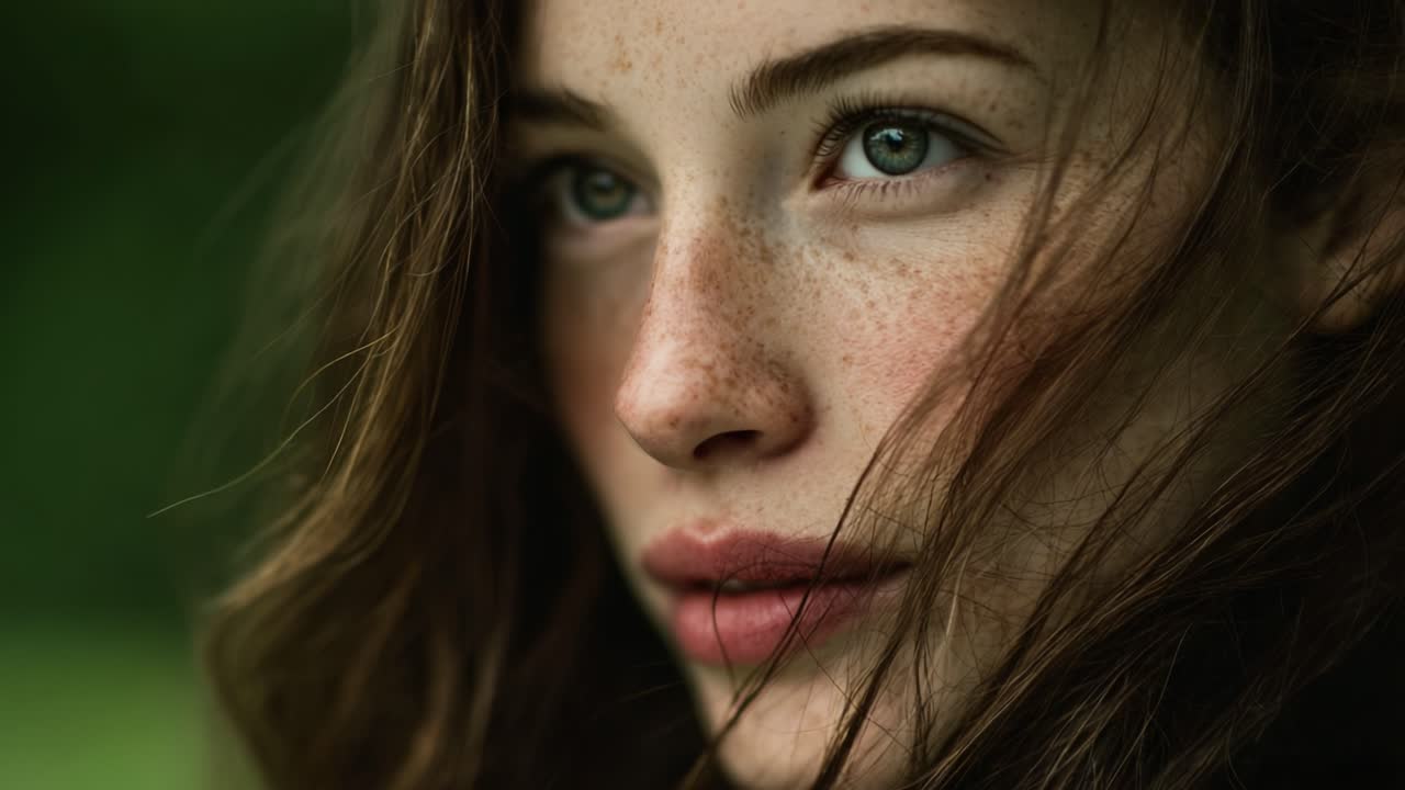 Captivating Portrait of a Woman with Freckles and Flowing Hair Under Natural Light, Emphasizing Her Expressive Eyes and Serene Expression in an Outdoor Setting