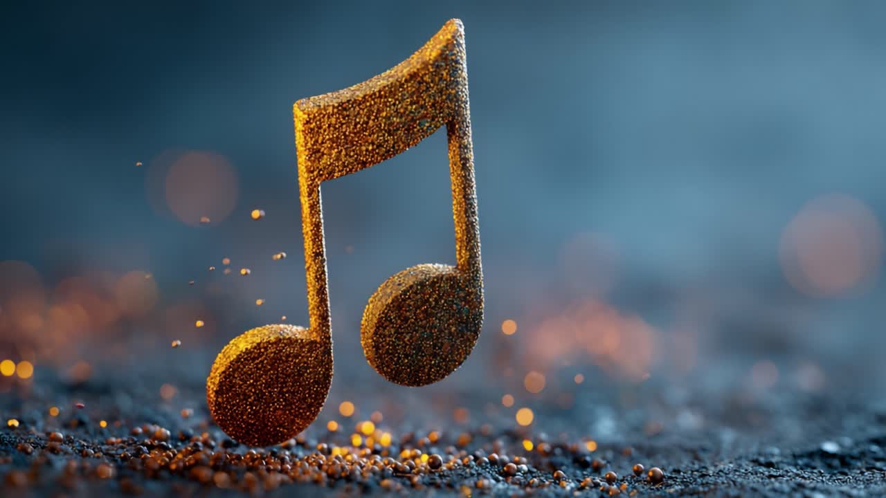 En slående visualisering af en gylden musiknode omgivet af funklende partikler, der indfanger essensen af musik og kreativitet i en elegant atmosfære.