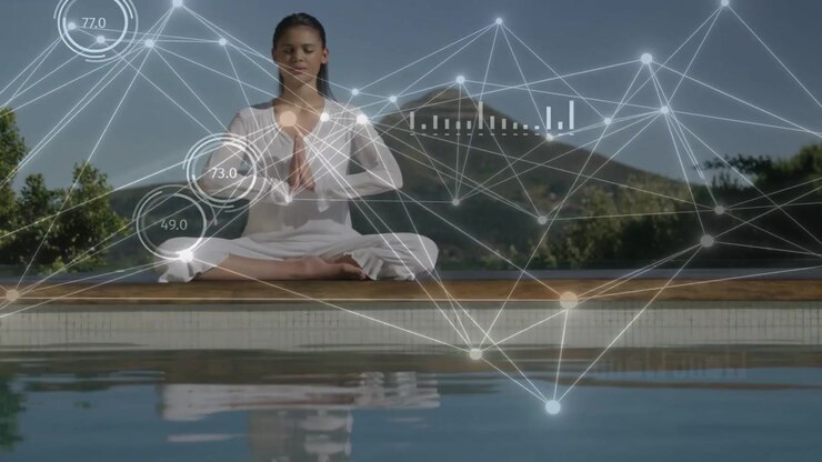 Female teenager sitting poolside, faint network lines appearing, HUD animating health data
