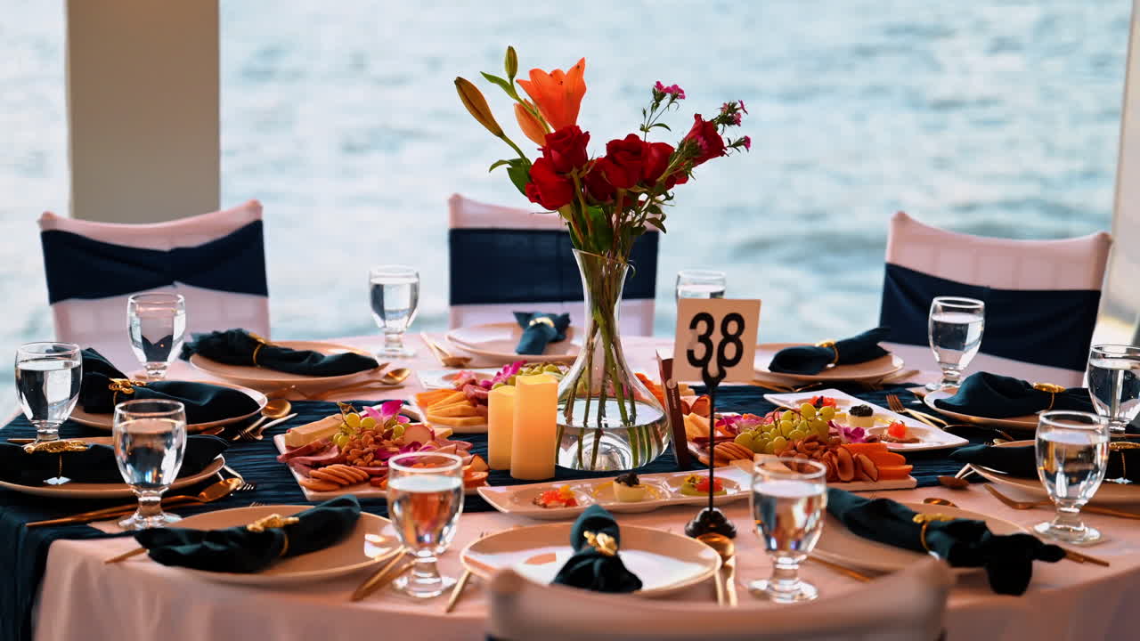 New York, USA, 2 August 2025: Close up of catering table on boat with water background. Detailed view of a round dining table with food, number 38 sign, and flowers on a cruise ship near the water