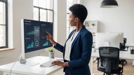 a business professional analyzing data trends on a modern computer screen in a bright office environment, showcasing advanced graphical insights and analytics tools
