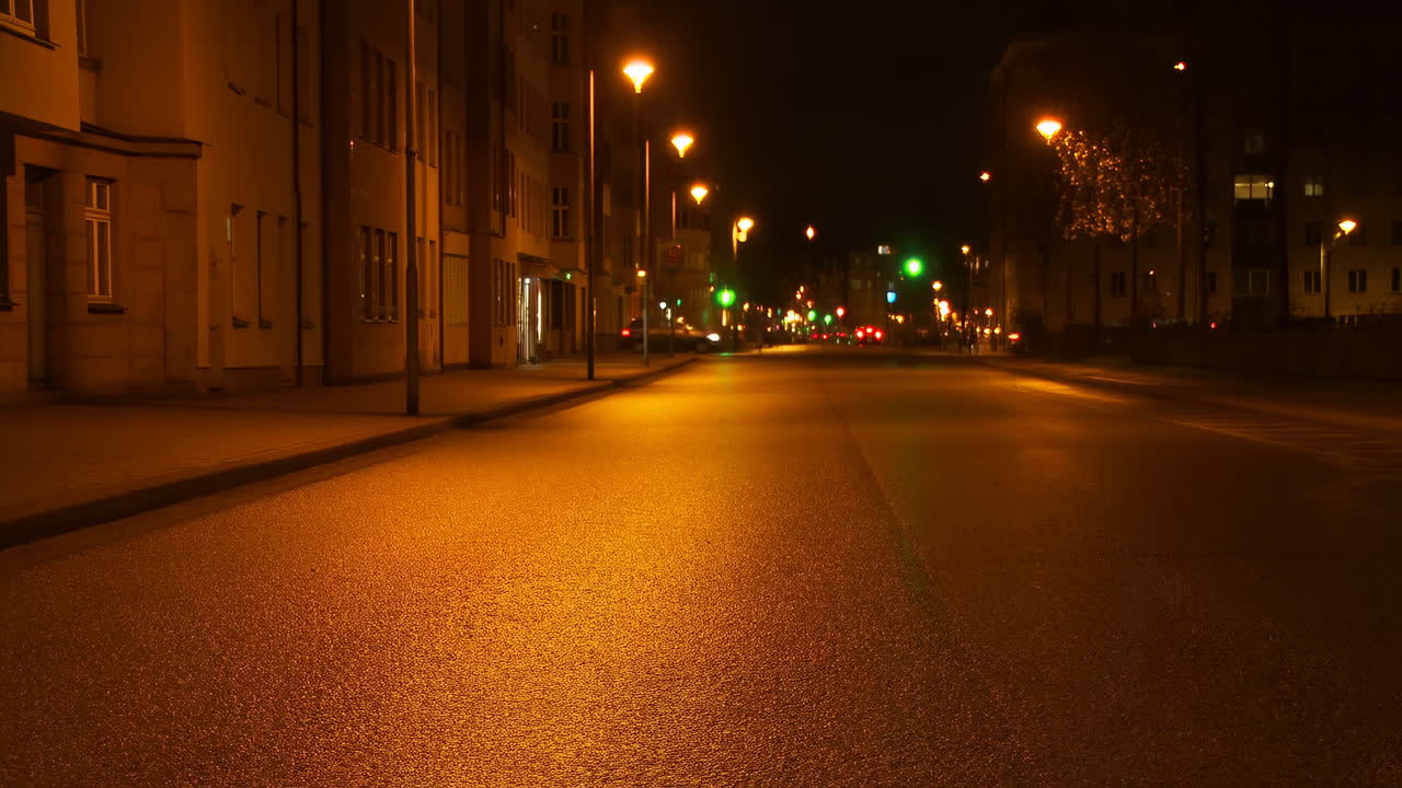 Strada urbana vuota di notte con lampioni luminosi