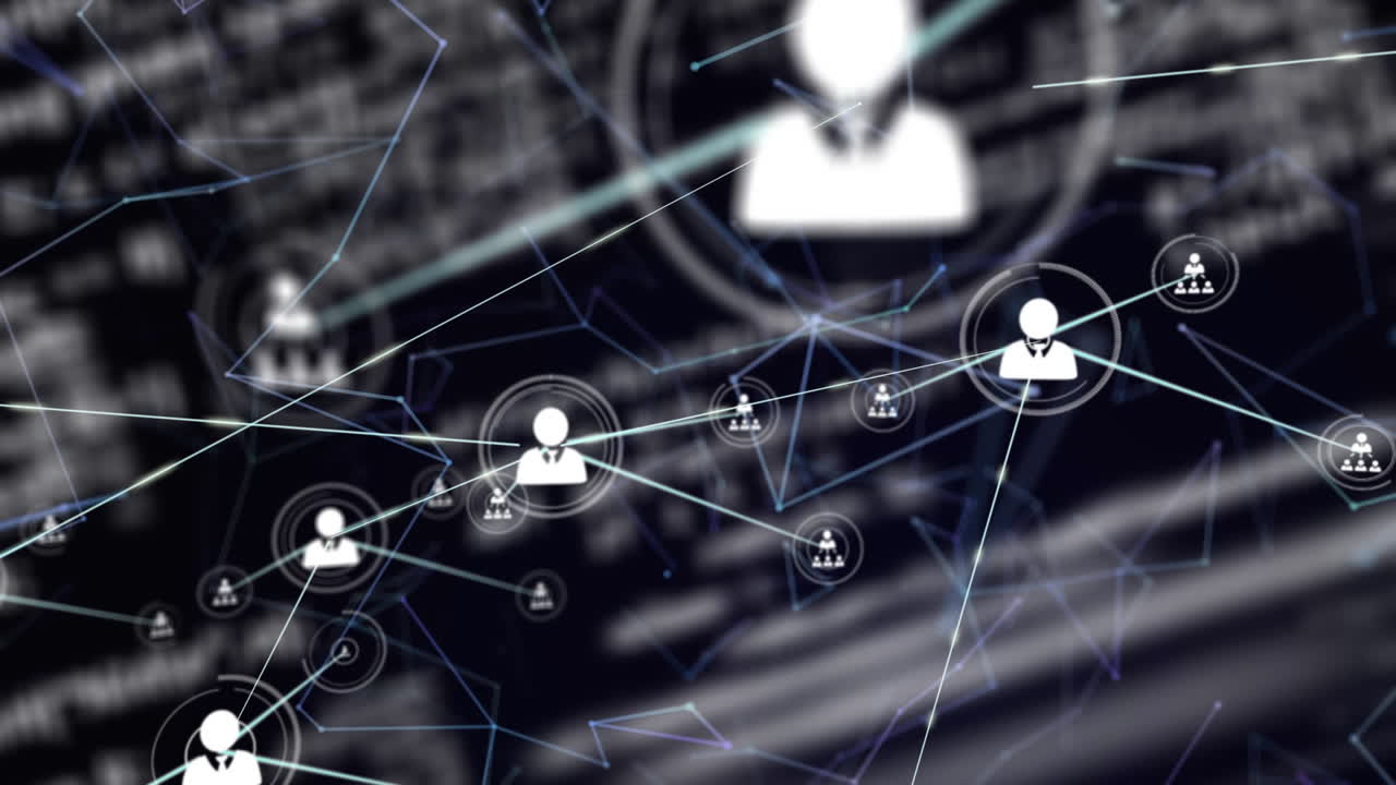Animation of a network of connected people icons and information in white moving on black