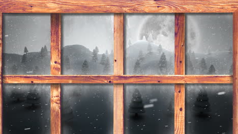 animation of snow falling and christmas winter scenery and moon seen through window