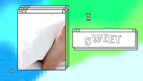 animation of sweet in white text in stacked window, with feet of couple in bed, on blue and green