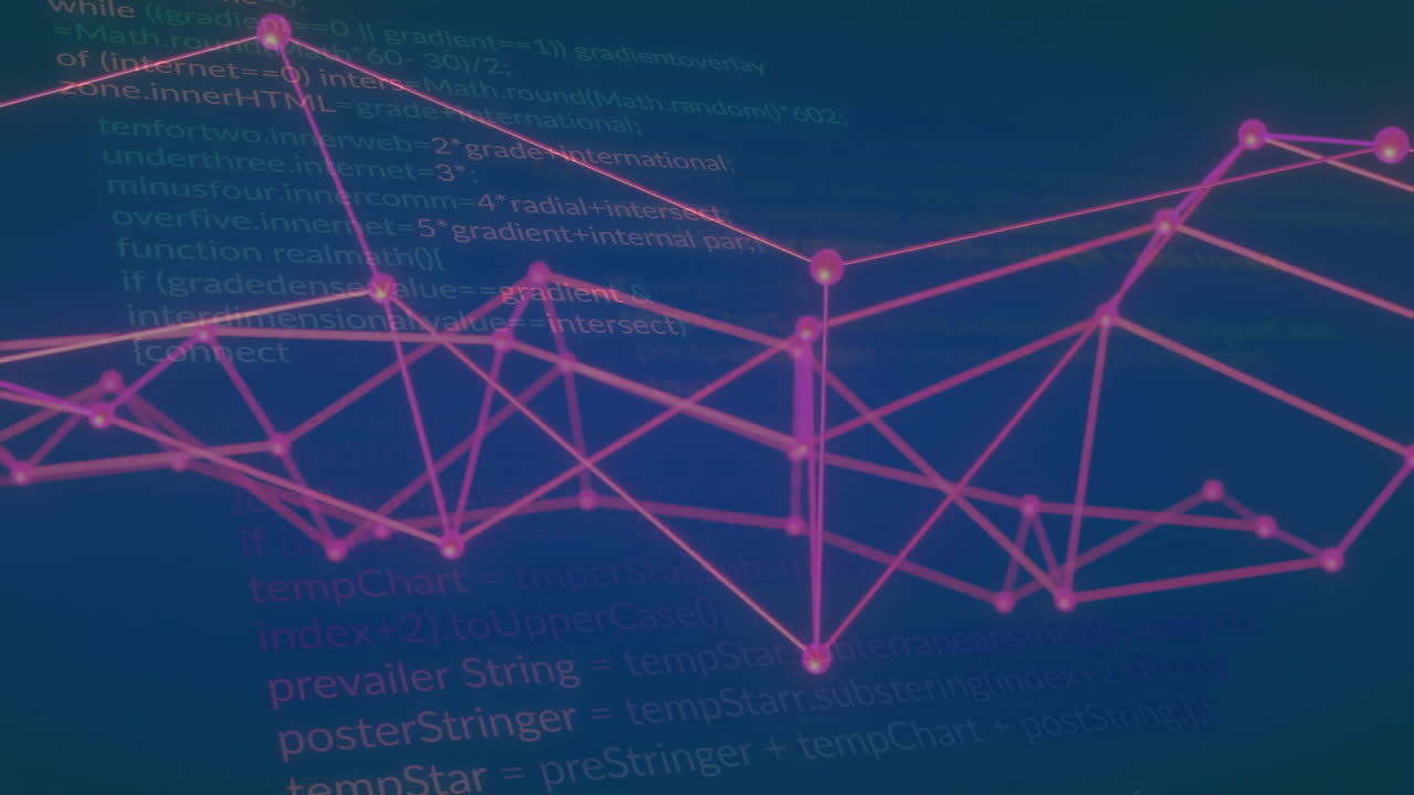 Network connections and data processing animation over programming code background