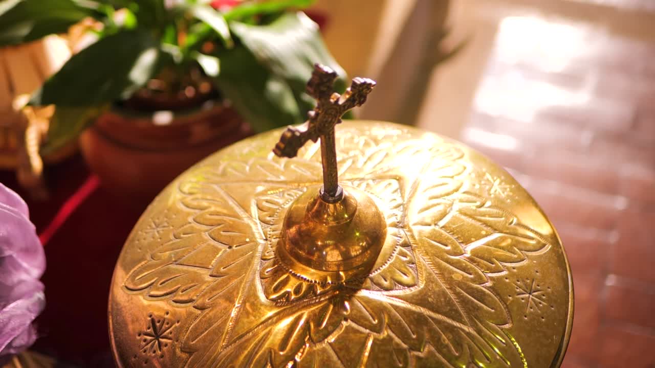 Christian Cross Detail on Baptismal Font in Church – Sacred Symbol