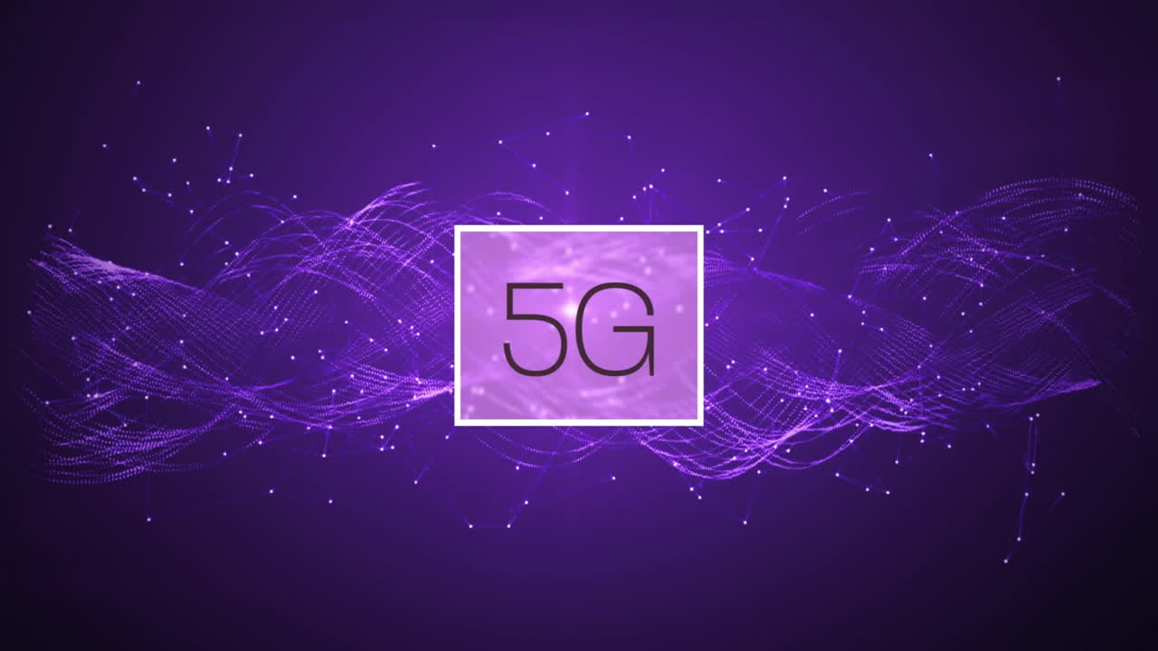 animazione di testo 5g su sfondo d'onda digitale viola